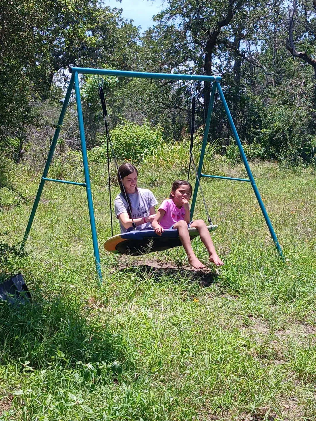 Two girls share a platform swing hanging from a frame in a sunny, grassy field.